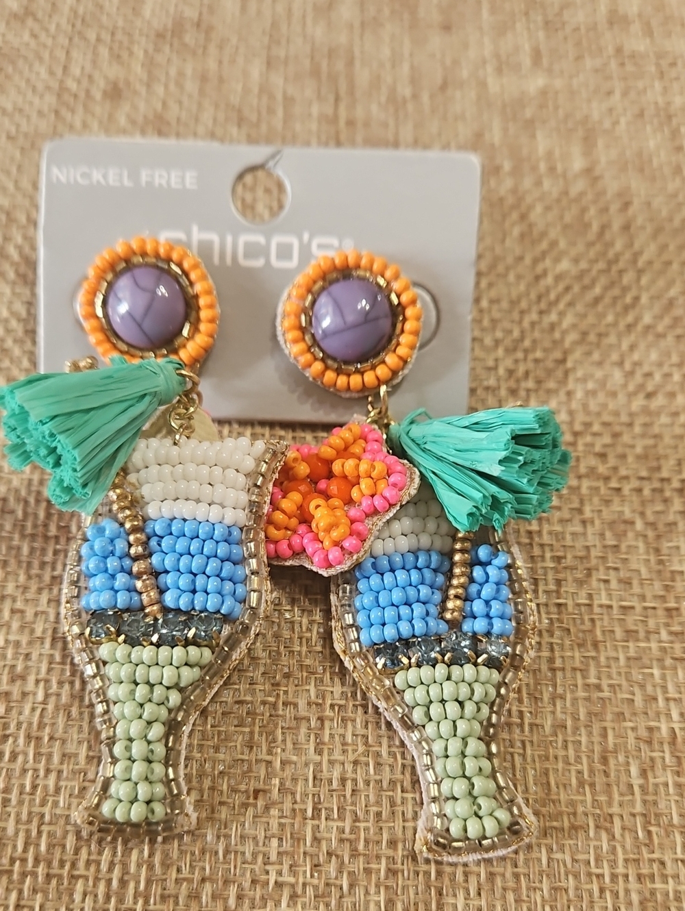 Chico's Beaded Festive Tassel Drop Earrings - Green, Blue & Purple